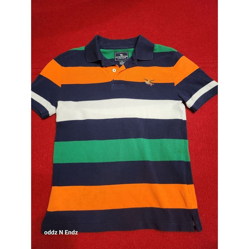 American‎ Living Boys Striped Polo Shirt Orange/Green/Navy Cotton Size S(8)